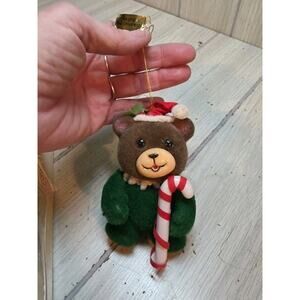 Vintage Jasco Flocked Bear Ornament Christmas Teddies Teddy Candycane Green